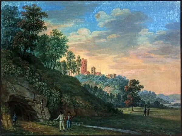 Historical painting of Gutmanis Cave and the Gauja valley landscape