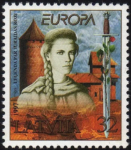 A postage stamp with the Rose of Turaida – a depiction of the legend of Maija and Viktors