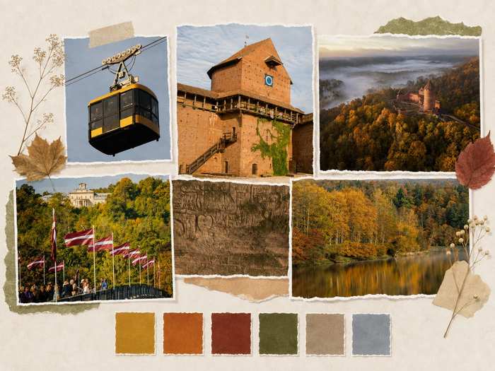 Sigulda Autumn Globe moodboard – visual references of autumn colours, Sigulda landscapes and snow globes