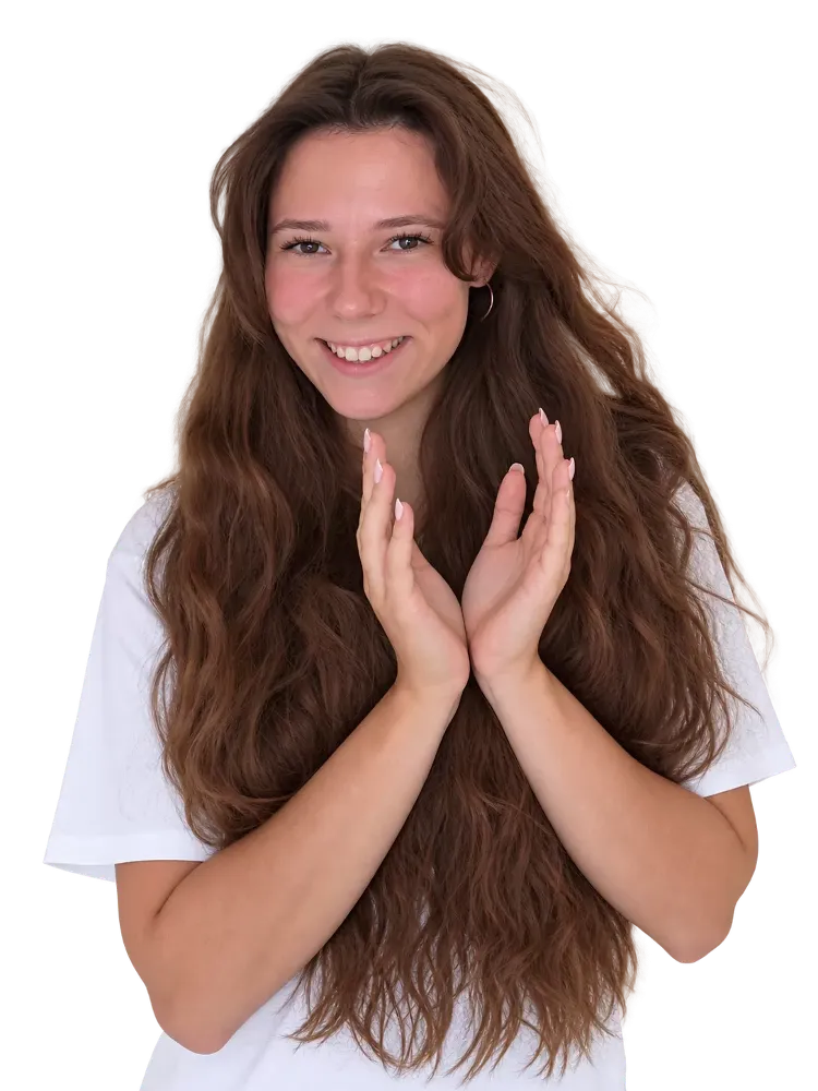Designer Megija Baumane, creator of the Sigulda Autumn Globe, smiling with her hands by her face