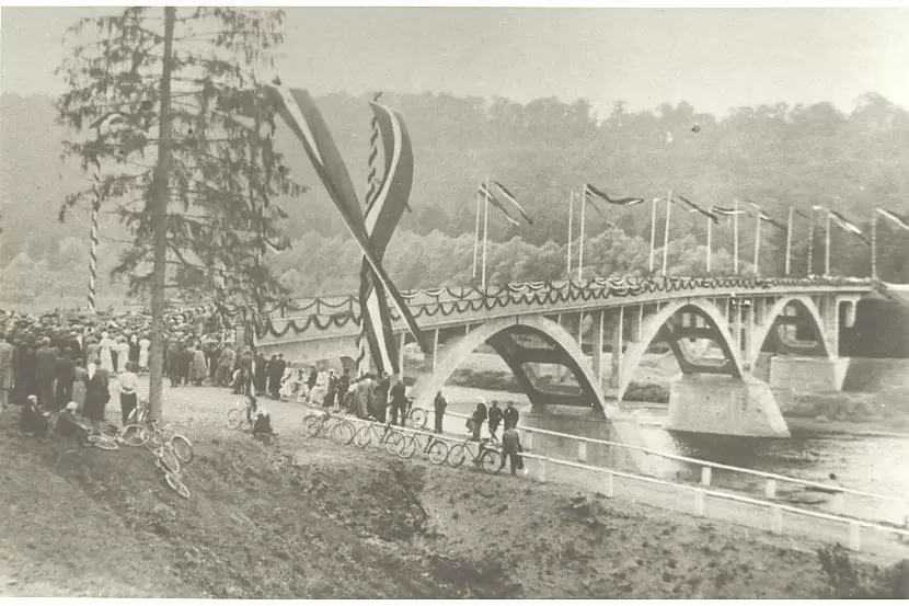 Historical photograph of the construction of the Gauja Bridge in Sigulda, 1930s