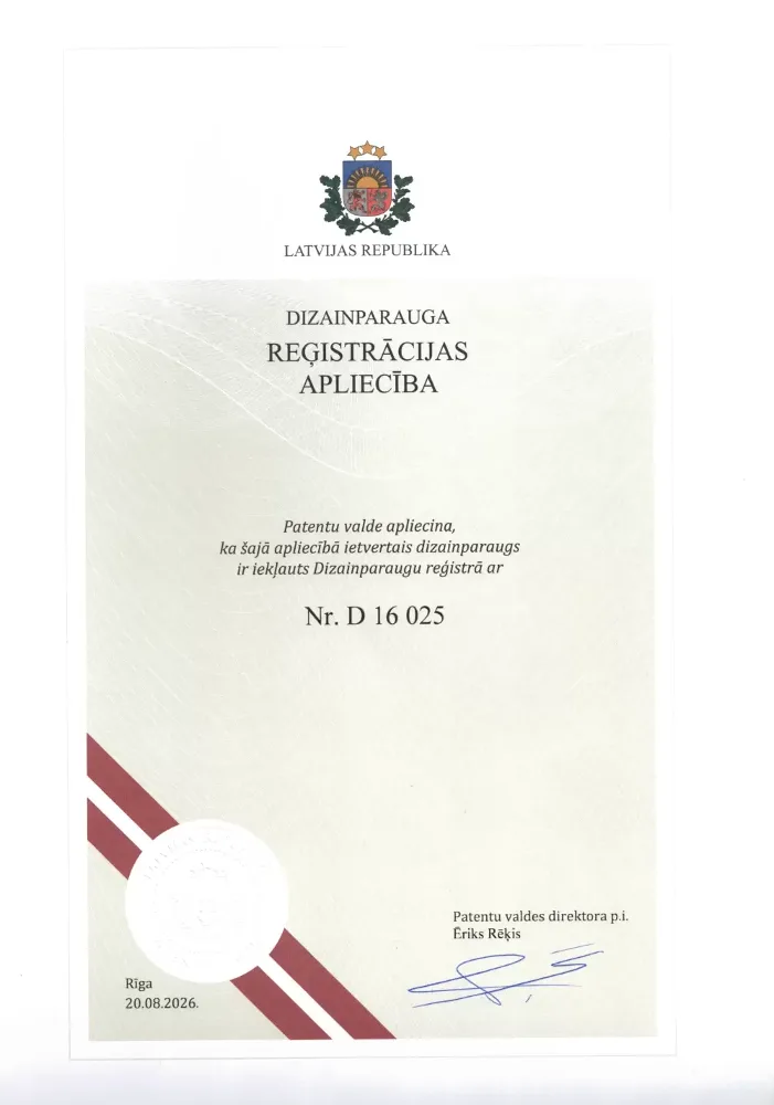 Design registration certificate issued by the Patent Office of the Republic of Latvia for the Sigulda Autumn Globe