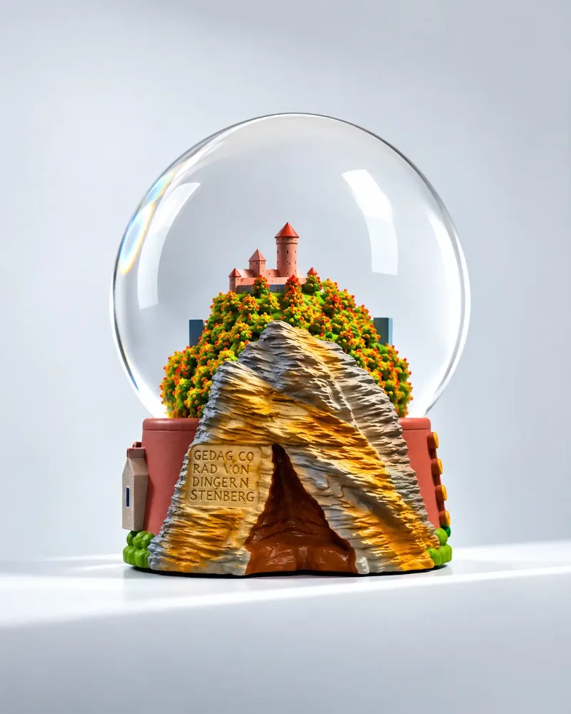 Side view of the Sigulda Autumn Globe – the Gūtmaņala cave with its engraved inscription on the base, Turaida Castle and golden autumn trees inside the glass globe